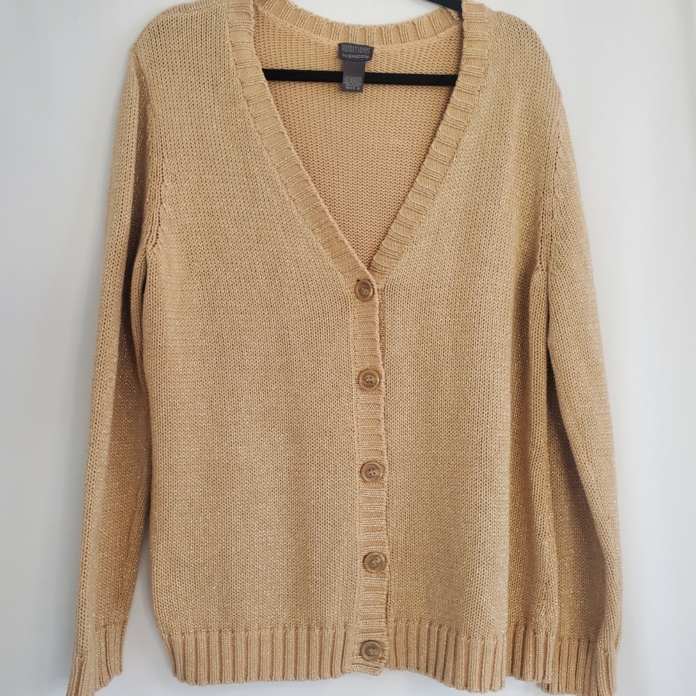 Additions by CHICO Women Size 2 Gold V-neck button cardigan w/metallic threading